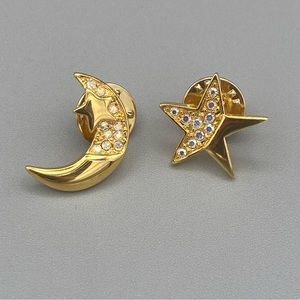 Kirks Folly Signed Pins Brooch Moon and Star With Crystals, set of 2